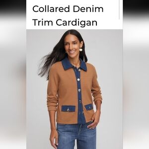 Chico's Camel Cardigan with Denim Blue Trim New Size Chico's
